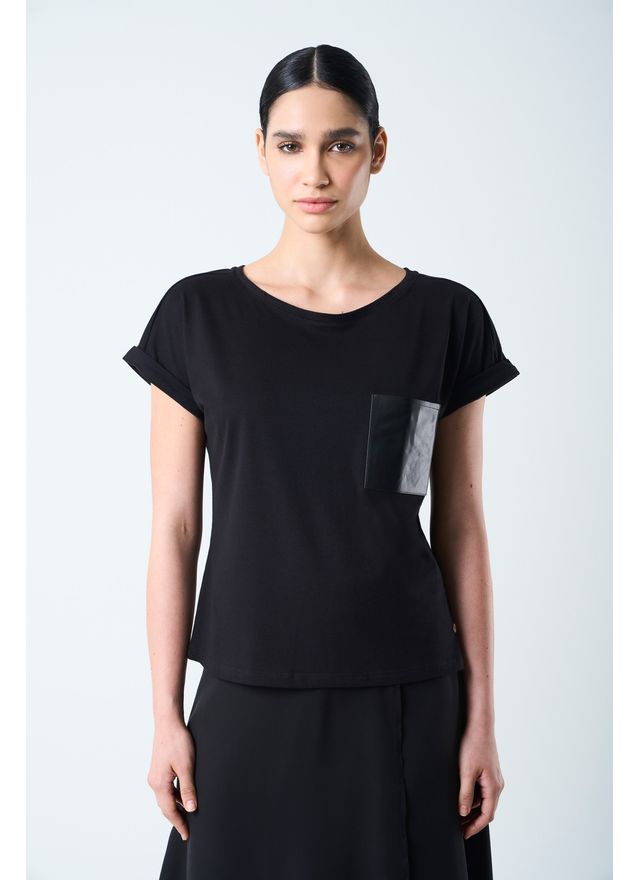 Camiseta manga corta para mujer bolsillo cuero